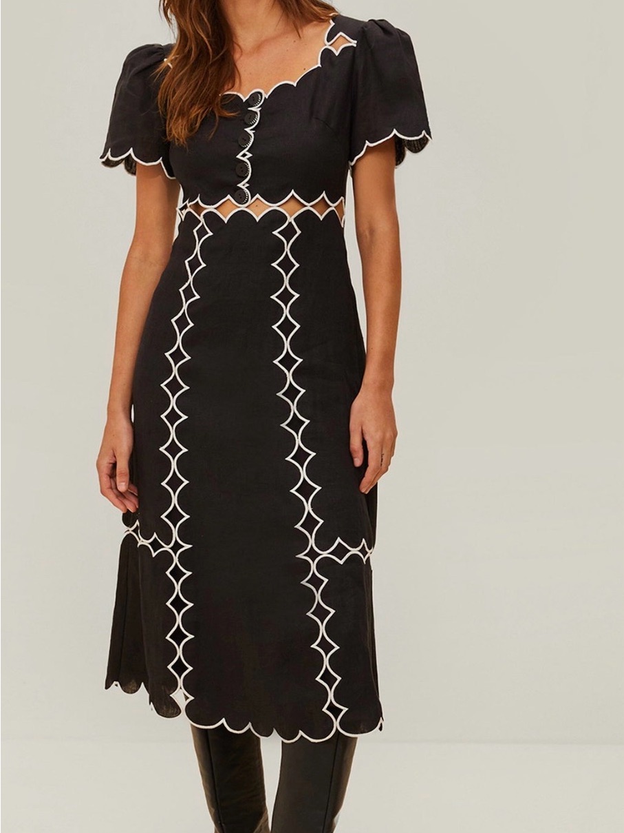 Farm Rio Black Midi Linen Dress With White Scallop Trim